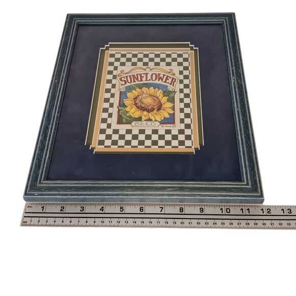 VTG Barbara Mock Sunflowers Print Matted Framed Blue Yellow Black & White Checks - Picture 10 of 15